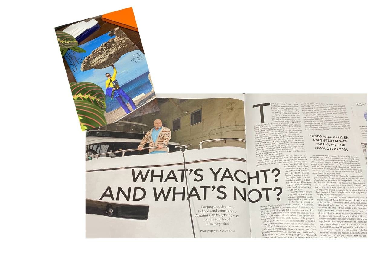 FT HTSI magazine spread: Jon Barnett at the rail of a yacht under the headline What’s yacht? And what’s not?