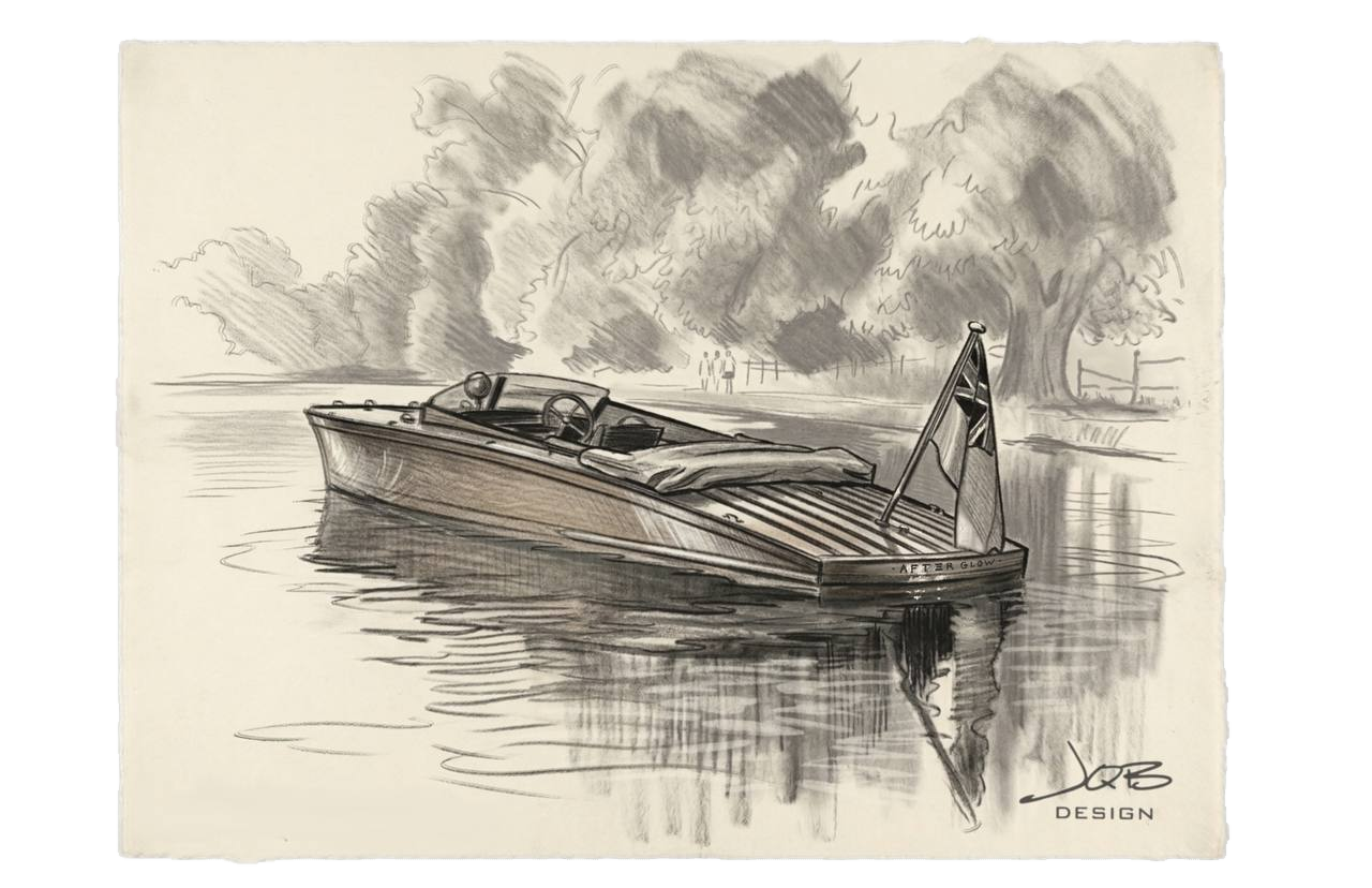 Original pencil drawing of After Glow on calm water, with trees, reflections and the complete JQB Design signature at lower right.