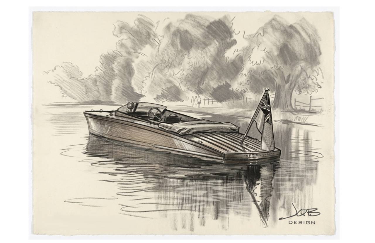 Original pencil drawing of After Glow on calm water, with trees, reflections and the complete JQB Design signature at lower right.