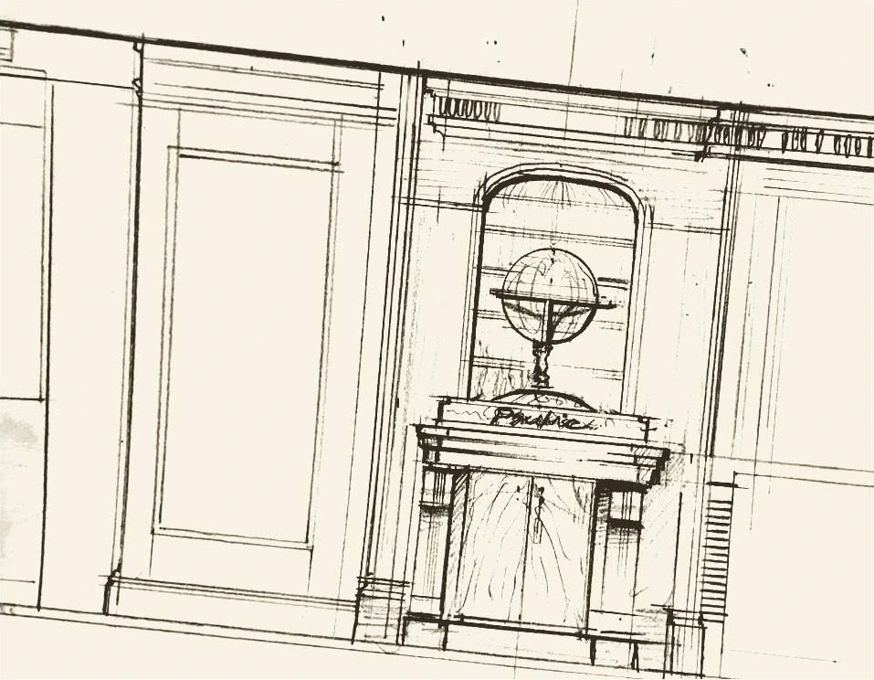 Original hand-drawn globe alcove design.