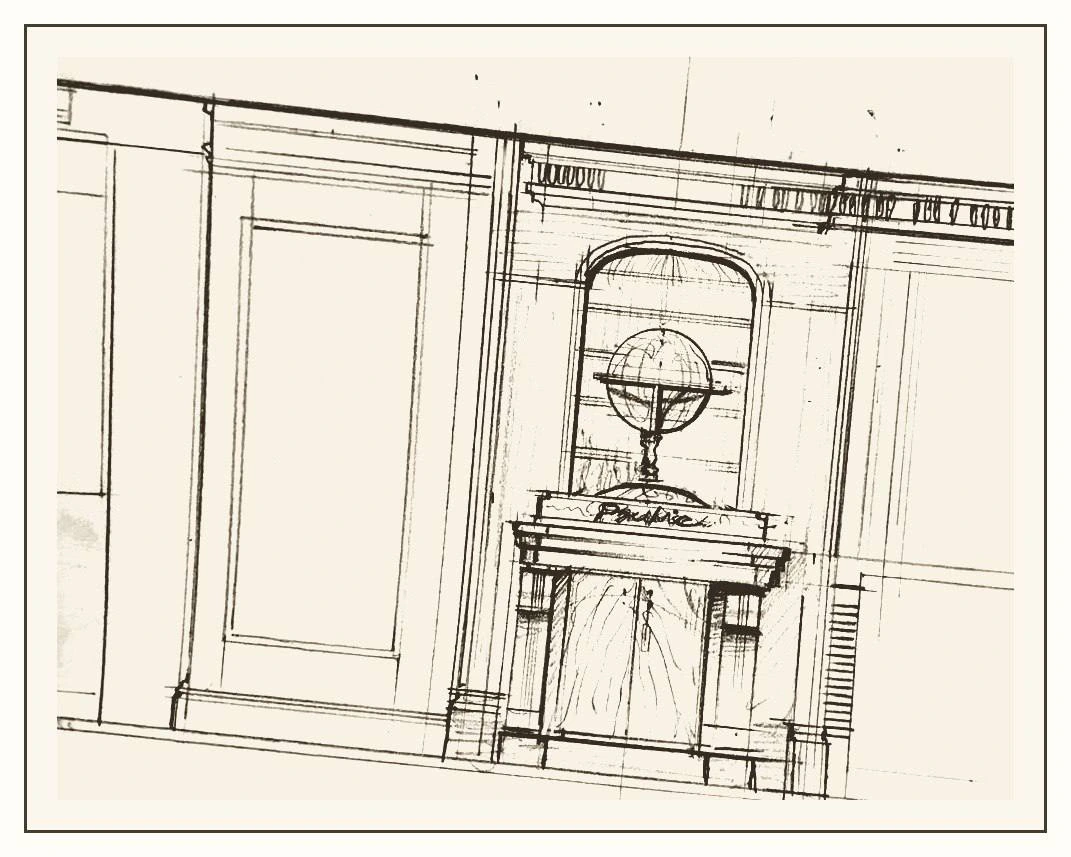 The original globe-alcove hand sketch on warm ivory, with its complete drawing and all four borders visible.