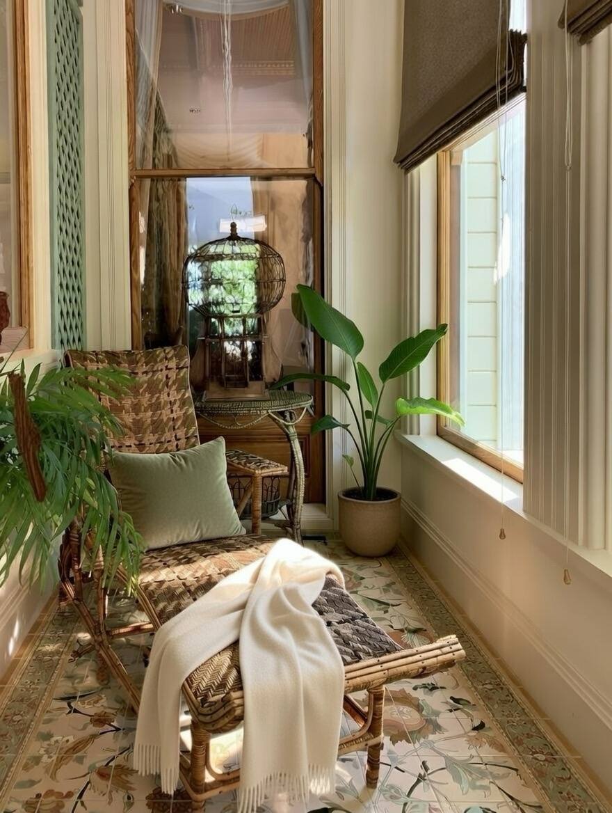 A sunlit sitting nook with a woven chair and footrest, a draped blanket, leafy plants, tall windows and patterned floor tiles.